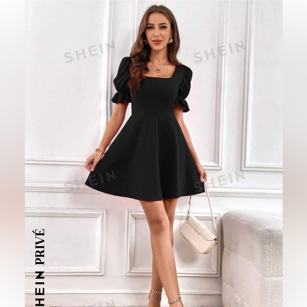 🆕 SHEIN Privé Summer Square Neck Puff Sleeve Black Dress 👗